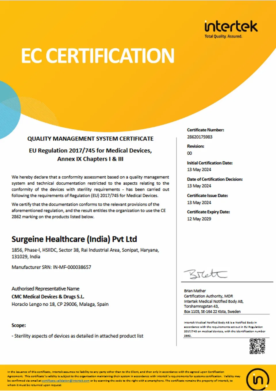 CE certificate issued to Surgeine Healthcare