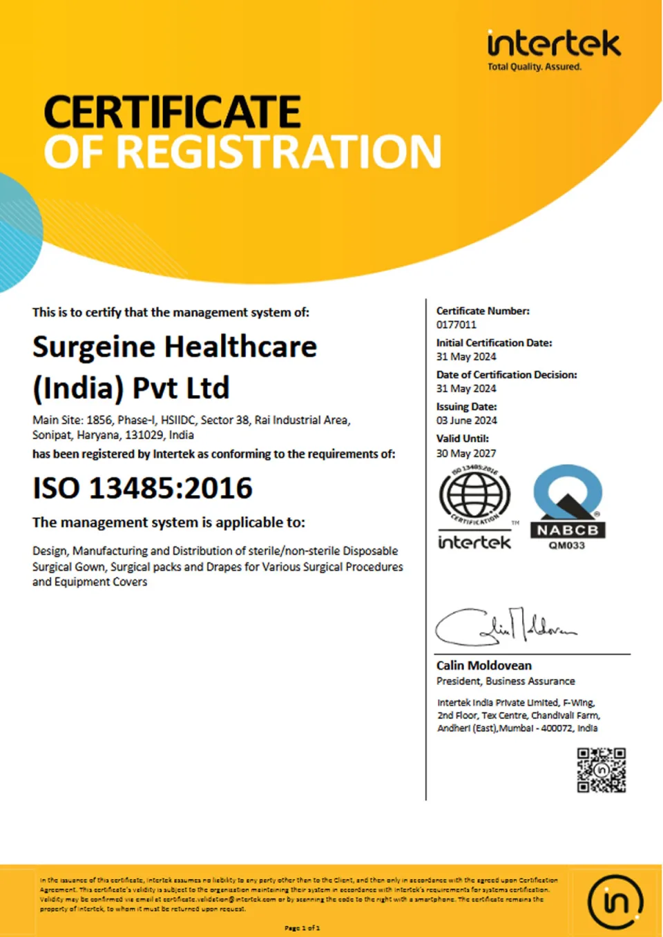 ISO 13485 quality management certificate